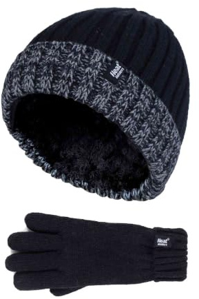 HEAT HOLDERS - Children Boys Winter Warm Fleece Lined Insulated Knit Turn Over Cuff Ribbed Hat and Gloves Set (11+ Years, BS2P911)