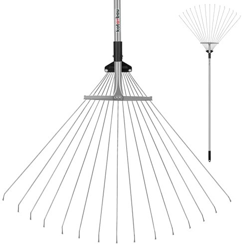 KOTARBAU® Rastrillo de Metal Ajustable 148 cm, Rastrillo de Abanico, Escoba de Hojas, Rastrillo metálico, Rastrillo para Barrer Hojas y césped, Anchura Ajustable, Rastrillo con Mango Largo
