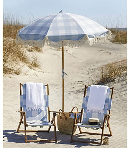Outdoor Table Market Umbrella Wooden Beach Umbrella Garden Parasol Tilt with Fringed 6.6ft/200cm, Foldable Patio Sun Umbrella, Boho Blue Checkered Outdoor Umbrella, 8 Ribs, with Transport Bag good