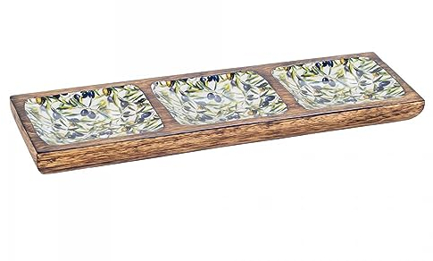 SIGNES GRIMALT Plateau Apéritif 3 compartiments en Bois de Manguier, Thème Olives, longueur 36 cm.