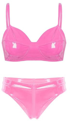 HULIJA Glänsande underkläder kläder set spagetti axelband behå med mini slip Ouvert wetlook underkläder set party klubbkläder, ROSA, S