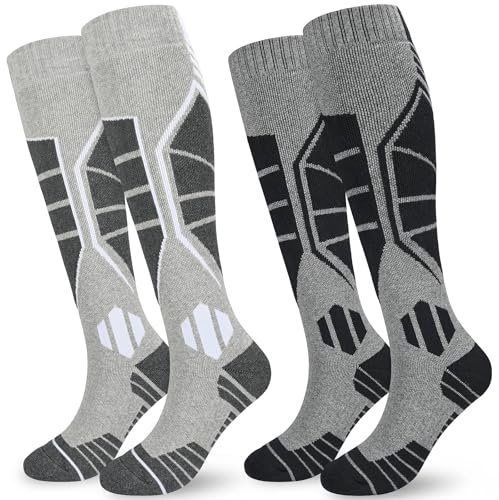KOOOGEAR 2 Pairs Mens Ski Socks Thermal Sports Socks,Long Knee High Ski Socks Men UK 9-12,Winter Warm Anti Blister Full Cushioned Athletic Socks for Skiing Snowboard Camping Trekking Walking