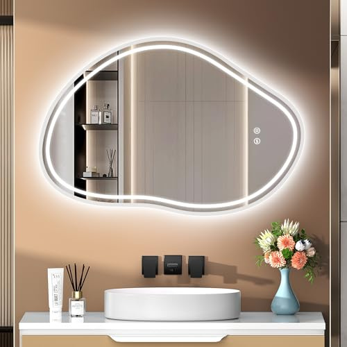 PESENXAN Badspiegel mit Beleuchtung 80x53cm, Asymmetrischer Spiegel mit Beleuchtung 3 Lichtfarben Dimmbar, Touchschalter, LED Spiegel Bad IP44 Energiesparend Für Badezimmer