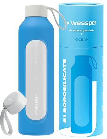 Wessper Bouteille a eau 1 Litre, Bouteille de Motivation avec échelle D'hydratation, Gourde pour eau en Verre Borosilicaté avec étui en Silicone, Matériau Sans BPA - Océanique