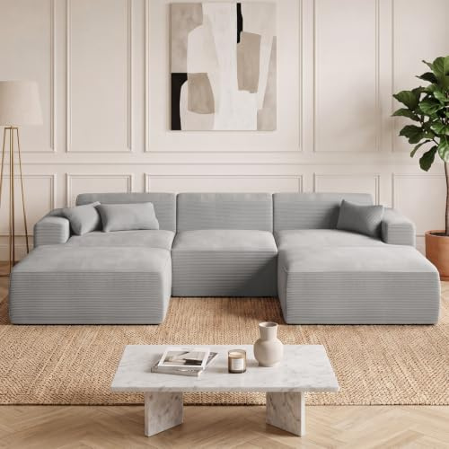 skølm Freki Cloud Couch aus Cord, 3-Sitzer, Grau, 3 Kissen, mit 2 Hockern | L-Form Ecksofa, Vollschaumcouch mit Federkern & Vakuum-Kompression, 320 cm breit, kein Aufbau erforderlich, Wohnzimmersofa