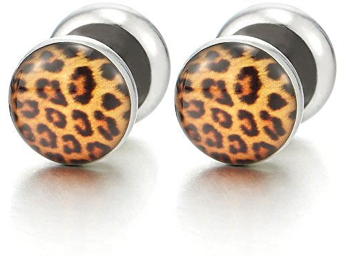 10MM Womens Screw Stud Earring with Leopard Print Pattern, Steel Cheater Fake Ear Plug Gauges