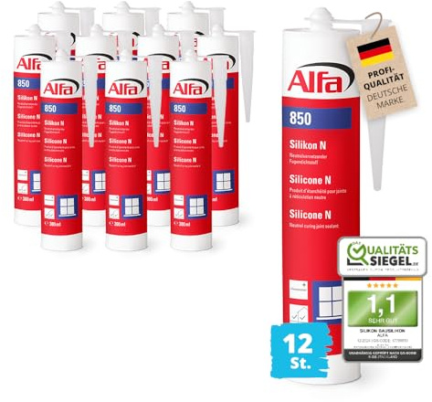 12x Alfa Silikon Transparent UV-beständig – Bausilikon – Fugendichtstoff | Profi Qualität – Neutralvernetzendes Silikon 300 ml für Fenster, Türen und Fugen, UV-beständig, elastisch für innen und außen
