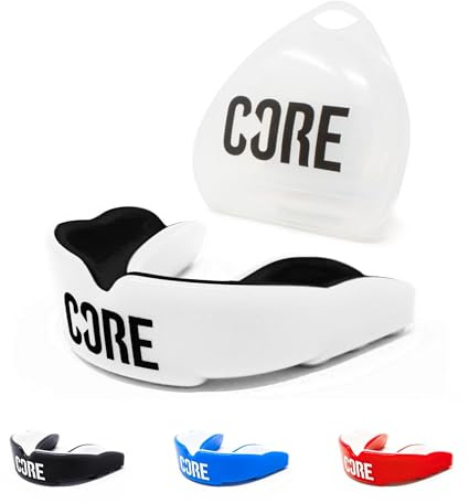 CORE Protector bucal de protección con funda, protector de encías ajustado adecuado para niños, adolescentes y adultos, para todos los deportes de contacto, BMX, scooters y patineta, color blanco