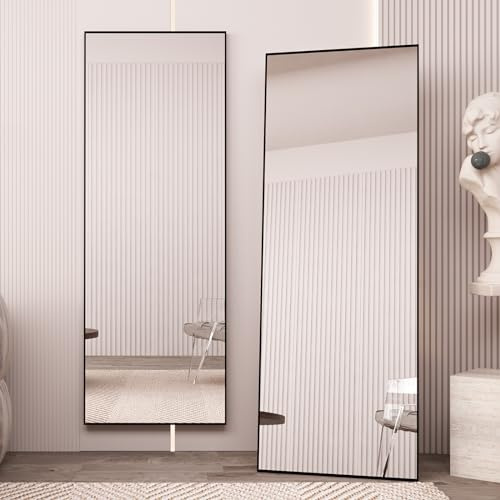 Beauty4U 65 x 24 Full Length Mirror with Stand, Black Wall Mounting Full Body Mirror, Metal Frame Full-Length Tempered Mirror for Living Room, Bedroom