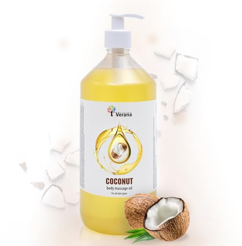 Verana Massageöl Kokosnuss, Naturkosmetik, Körper-Öl, Alle Haut, Stellt Festigkeit und Elastizität wieder her, zur Vorbeugung von Schwangerschaftsstreifen, Reduziert Falten, Verjüngung (1L)
