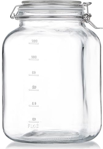 Folinstall 1 Gallon Square Super Wide-Mouth Glass Jars with Airtight Lids, Glass Storage Jars with 2 Measurement Mark, Sturdy Canning Jars with Large Capacity 4100 ML For Overnight Oats