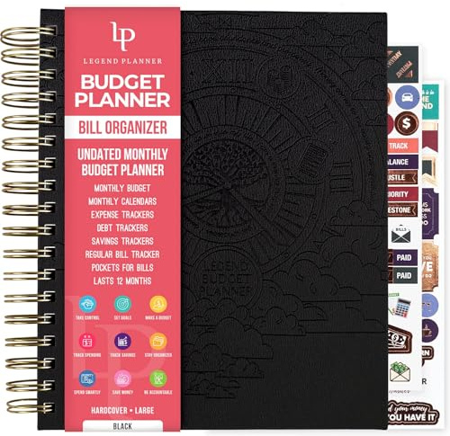 Legend Budget Planner & Monthly Bill Organizer, Financial Book Black | Undated bill organizer with pockets, daily expense tracker to track bill paying, debt payoff, paychecks, 9.5x11 in hardcover