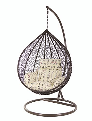 KIDEO Komplettset: großer Hängesessel mit Gestell & Kissen, XXL Größe, Korbsessel, Poly-Rattan, (Korb & Gestell: Dunkelbraun, Kissen: beige/Gemustert Nest (7050_travel))