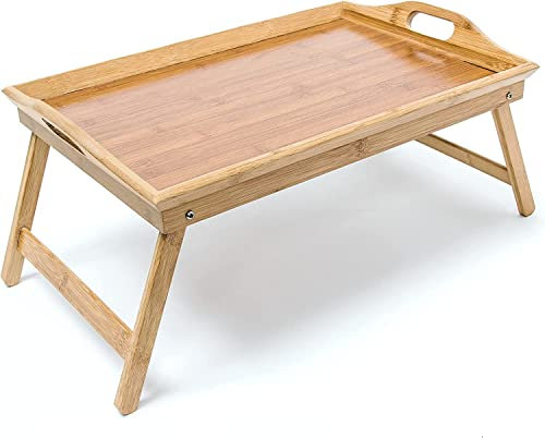 MODEZVOUS - Vassoio per la colazione in bambù, vassoio da portata con gambe pieghevoli per la colazione e la colazione, lavabile in legno
