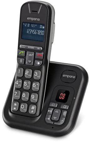 Emporia TH21AB Schnurloses Telefon, Anrufbeantworter, großes beleuchtetes Display, große Zahlen, Freisprecheinrichtung, kompatibel mit Hörgeräten (HAC), Schwarz (Italien)