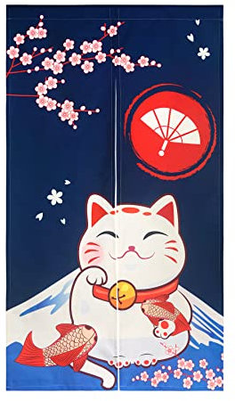 LIGICKY Japanischer Stil dick Leinen Noren Lang Vorhänge Sakura-Baum, Berge und Katze Türvorhang Raumteiler Tapisserie für die Heimtextilien Raumteiler 85 x 150 cm