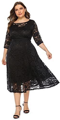 Odizli Kleider Große Größen Festlich Abendkleid Lang Elegant für Hochzeit Gast Mollige Frauen 3/4 Ärmel Spitzenkleid Damen Hochzeitsgast Coctailkleid Abschlusskleider Festkleider Abikleid Schwarz 3XL