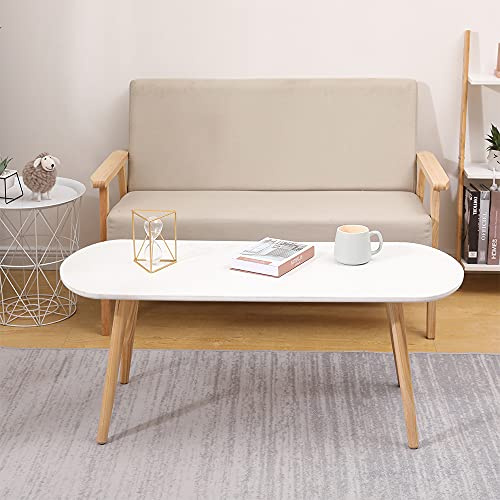 Skandinavischer Couchtisch aus Holz - Kleiner Ovaler Wohnzimmertisch für Wohnzimmer, Büro, Balkon - Ausziehtisch (Weiß)
