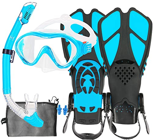 HH HHAO SPORT Set da snorkeling per bambini con pinne, 180°, anti-appannamento, panoramico, visione ampia, pinne regolabili, maschera subacquea di alta qualità e boccaglio asciutto per nuoto