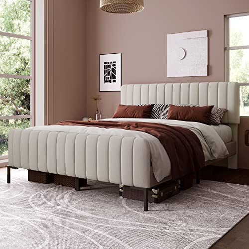 Merax Polsterbett 160 x 200 cm, Doppelbett Bettgestell mit Lattenrost und Verstellbares Kopfteil und Fußteil, Leinenmaterial in Beige, für Erwachsenen & Jugendbett & Gästezimmer, ohne Matratze, Beige