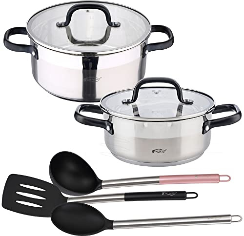 Set Cacerolas 20x8.5 y 24x10.5 cm con tapa, acero inoxidable, aptas para inducción, con Juego 3 utensilios de cocina nylon SAN IGNACIO VITA