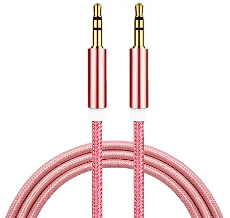 3.5mm Audio Aux Cable 1.5m Nylon Braided Stereo Jack, Compatible with Headphones, Earphone, Phone, Laptop, Car, Soundbar, TV, PC, Speaker - Superior Sound TRS Cord (Pink)
