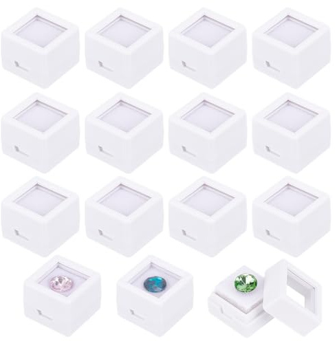 BENECREAT 36 Packung Edelstein-Displaybox 2x2x1.6cm Weiße Acryl-Diamant-Vitrine, Weißer Schwamm-Schmuckkästchen-Behälter Mit Transparenten Deckeln Für Edelsteine, Münzen, Raute