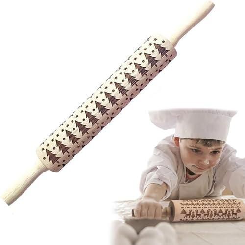 Aus Buche geschnitztes Nudelholz mit Muster Weihnachten,Graviertes Nudelholz,Weihnachten Geprägt Teigroller,3D Holz Nudelholz,Weihnachten 3D Elch Schneeflocke Teigroller Muster für Teig,Pizza,Keks (A)