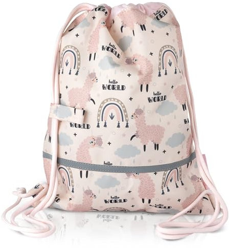TA Trend Atelier Kinder Turnbeutel aus recyceltem Polyester – wasserabweisend, PFC-frei, mit Brustgurt & Reflektoren (Lama-Rosa)