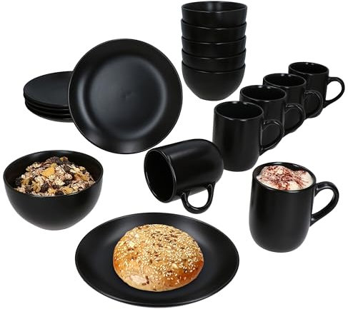 MamboCat Panther Service de petit-déjeuner 18 pièces noir mat I 6 petites assiettes, bol 450 ml et tasse à café 340 ml, hauteur 10,3 cm pour 6 personnes I Vaisselle en faïence pour le petit déjeuner