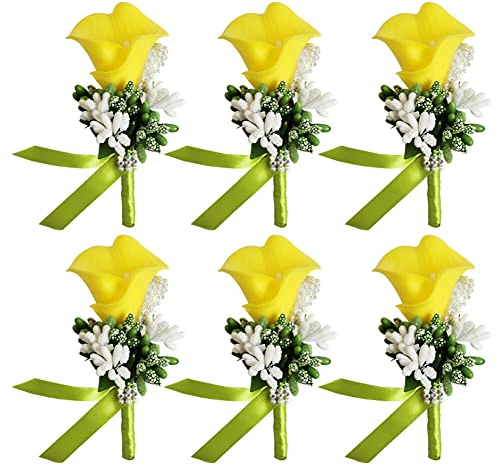 Handgelenk-Blume, 6 Stück, for Hochzeit, Boutonniere-Blume, Blumen-Anstecknadel, Boutonniere-Corsage-Zubehör, Mädchen, Männer, künstliche Rose, Corsage for Braut und Bräutigam (Size : Yellow)