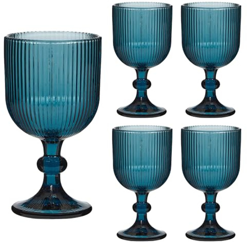 Dibor Ribbed Wine Glasses Set of 4 Mid-Century Wine Glass Goblets (Blue) | Dishwasher Safe, 360ml, Alfresco Dining, Coloured Glass, Glassware, Tableware