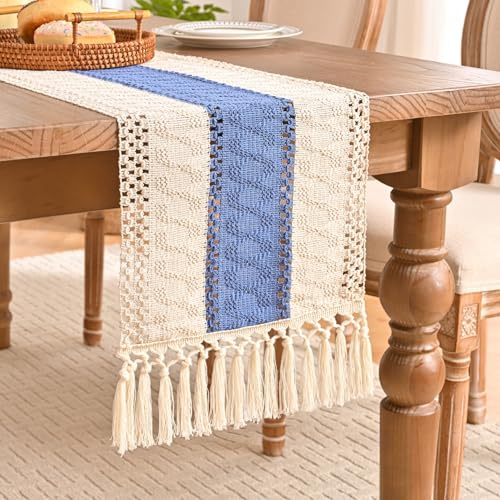 Aisybaklyn Tischläufer Hellblau Fall Hochzeitsdeko Vintage Tisch Läufer HäkelHäkelspitze mit Quasten Table Runner Elegante Tischlaufer für Urlaub Party Hochzeit Geburtstag Küche Tischdeko,