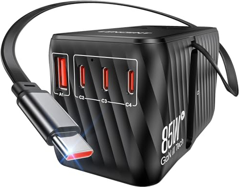 LENCENT Adaptador Universal 85W con Cable Retráctil USB C | Enchufe Internacional Tecnología GAN 3 Puertos Tipo-C y USB-A para Carga Rápida, Cargador Viaje para EU a UK, AUS, US, Negro