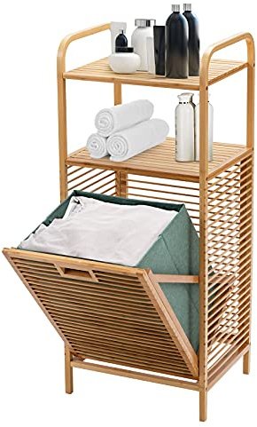 LIFEZEAL Mobile Biancheria Sporca e Mobiletto Bagno, Lavanderia, Cesto Portabiancheria a 1 Scomparto, con Sacco Rimovibile, Cesta Estraibile, Telaio in Bambù, Piano Portaoggetti, 40,5x33x95,5cm