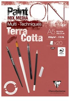 Clairefontaine 976152C - Zeichenblock - Malblock PaintON Terracotta, DIN A5, kopfseitig geleimt, 20 Blatt 250g, gut für Mixed Media, 1 Stück