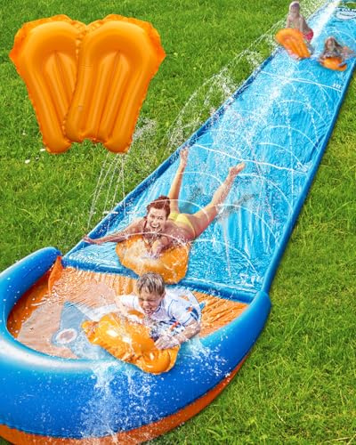 Tobogán acuático de 100 m, toboganes acuáticos extralargos para niños y adultos, patio trasero con 2 tablas inflables y aspersores, juguete acuático para verano al aire libre