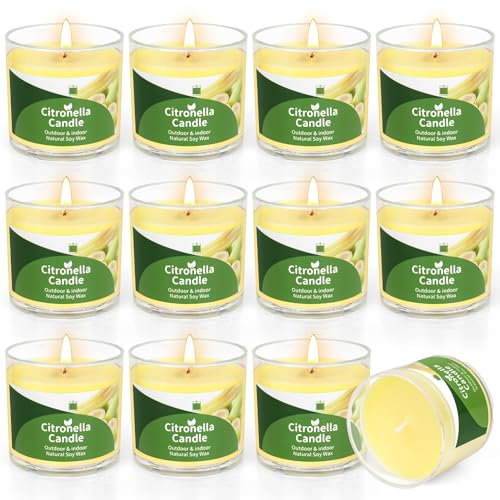 12 Candele Alla Citronella per Esterni, durata combustione di 300 ore, piccole candele profumate alla citronella esterni, cera di soia naturale, regalo per giardino campeggio, picnic, patio