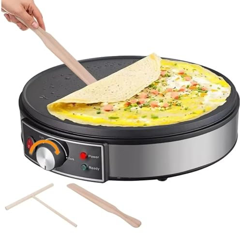Crepiera elettrica da 30 cm, pancake elettrico da 1000 W, spalmatore di pastella per piastra antiaderente, controllo della temperatura, con barra a T e spatola in legno, per pancake, crêpes ,Natural