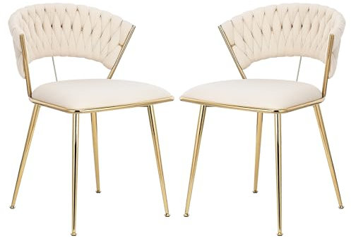 JYCRA Set med 2 matsalsstol i sammet, modern fåtölj, vardagsrumsstol, skandinavisk stol, guldstålben, elegant med armstöd, stol för sminkbord, sovrum (beige)