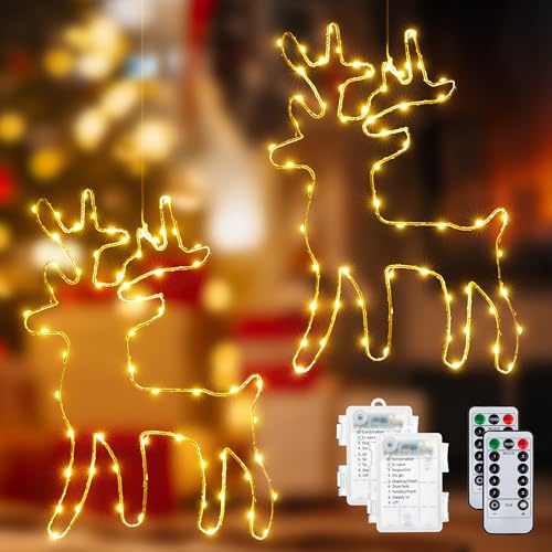 Ollny Fensterdeko Leuchtsrentier warmweiß Batteriebetrieben, 2 Stück 120 LED Weihnachten mit 1m Zuleitung, 8 Modi und Timer für Fenster Beleuchtung Deko Hängen Weihnachtsdeko