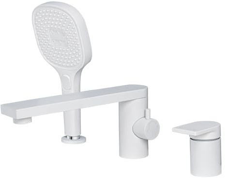 PHASAT Robinetterie de Baignoire 3 Trous Mitigeur pour Baignoire 3 trous avec Rotatif 360° Robinet de Douche Chaud et Froid Mélangeur en laitonpour Salle de Bain, Blanc PTBW22E