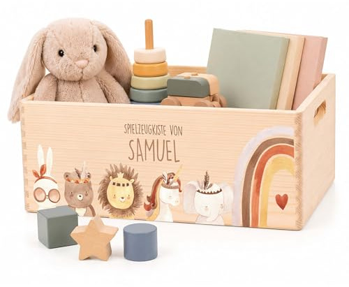 Kidsmood Holzkiste mit Wunschnamen – Stilvolle Spielzeugkiste für Baby- & Kinderzimmer | Ideale Aufbewahrungsbox für Kinder zur Spielzeug Aufbewahrung | Personalisierte Geschenke Baby - Boho Tiere
