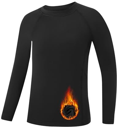 Runhit Youth Boys Compression Thermal Shirt Long Sleeve Fleece Base Layer Football Baseball Soccer Basketball Undershirt Cold Weather Gear Black L