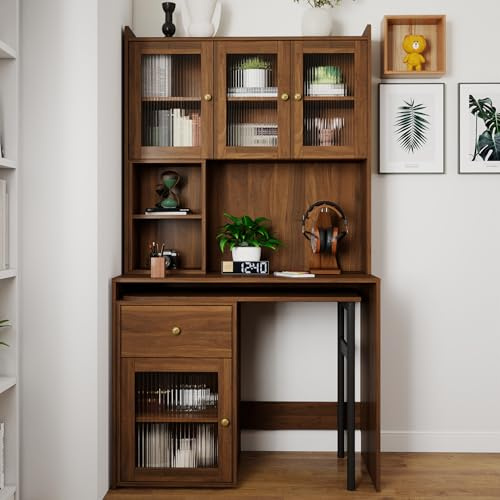 NFGTDKZS Computer Desk with Glass Door Home Office Desks,Convertible Executive Desk with Bookshelf & Hutch,Writing Secretary Table with 90 Degree Rotating Desktop,Large Working Space