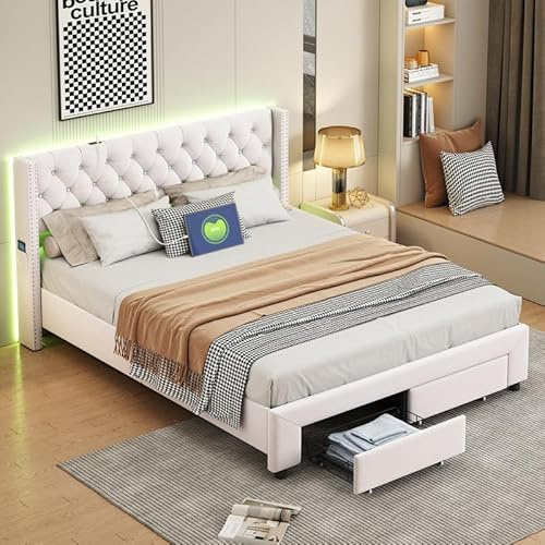 Lit Double Rembourré 160x200 avec Éclairage LED et Port USB, lits Coffre 160x200 avec Sommier à Lattes et 2 Tiroirs,tête de lit avec Rangement, Lit 2 Personnes,Cadre de lits en Bois et Velours