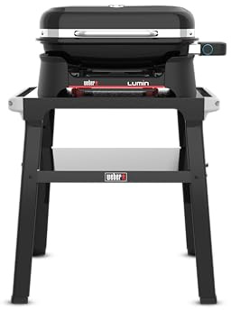 Weber Lumin Electric Grill with Stand, Heats Up to 315°C, with Lid Thermometer, Porcelain-Enamelled Cast Iron Grates, 33 x 49 cm Cooking Area, Black (1501650)