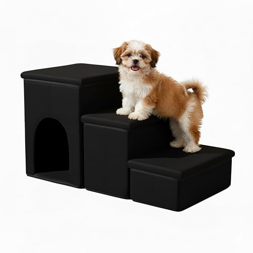 Relaxdays Hundetreppe, 3 Stufen, Höhle & Stauraum, HxBxT: 43 x 75 x 33 cm, faltbar, Hunderampe Bett & Sofa, schwarz