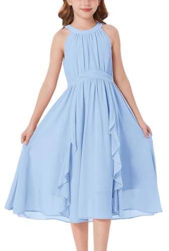 GRACE KARIN Girl's Chiffon Dress with Halterneck and Vertical Ruffles, A-Line for Formal and Summer Events