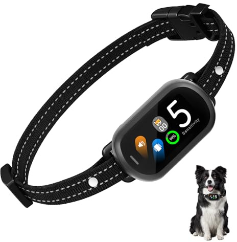 Collier Anti Aboiement Rechargeable pour Chien - Détection Intelligente des Aboiements 5 Modes avec Vibration/Choc Électrique/Son 5 Sensibilité Réglables, Étanche IP67 pour Petit Moyen Grand